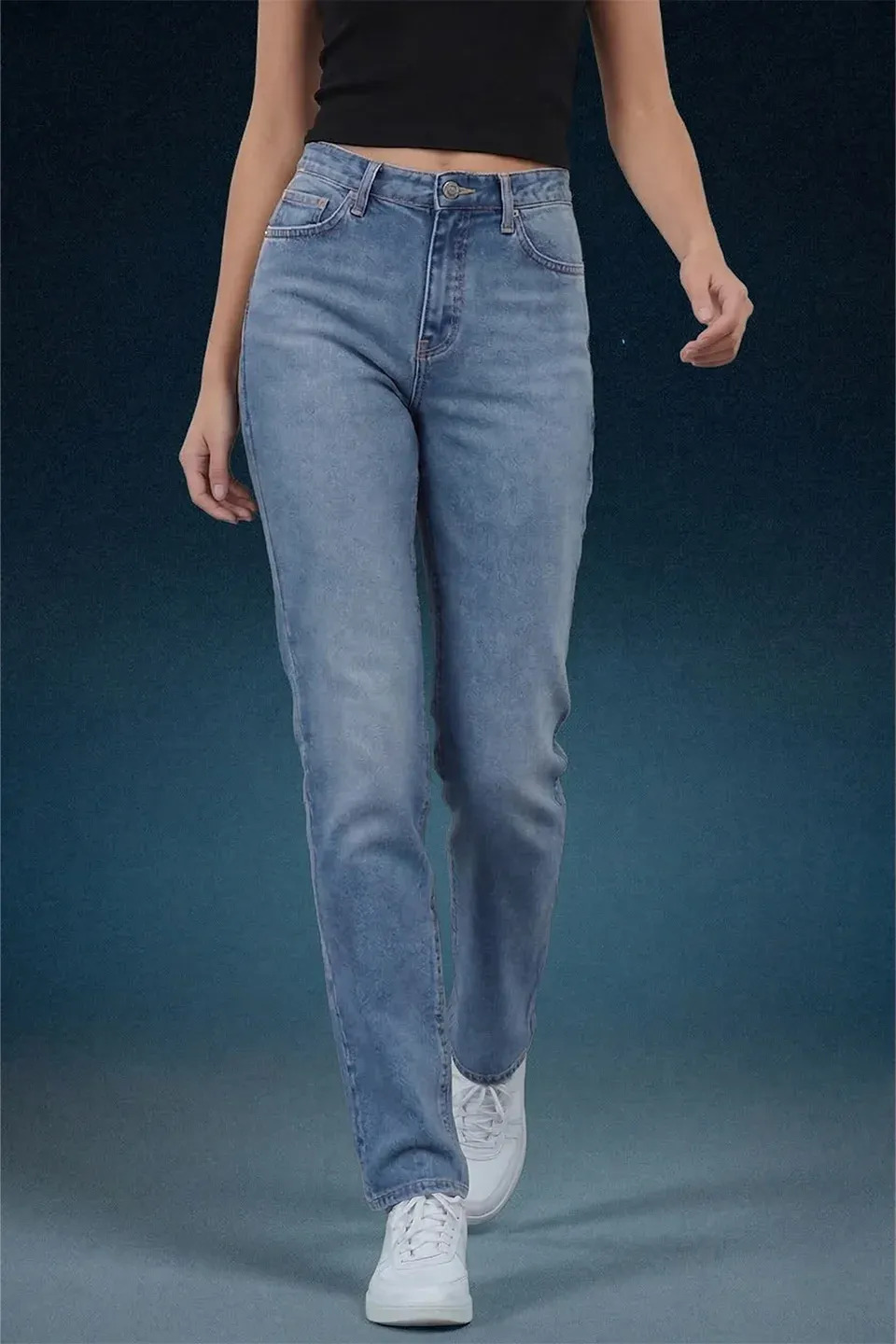 womens-Light Blue Mid Rise Straight Women Jeans